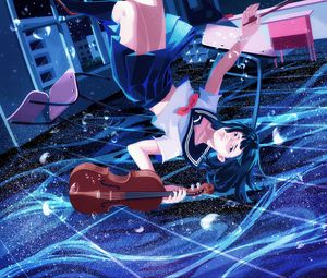 Preview wallpaper girl, violin, underwater, anime, art, blue