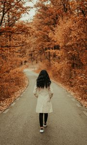 Preview wallpaper girl, walk, path, trees, autumn