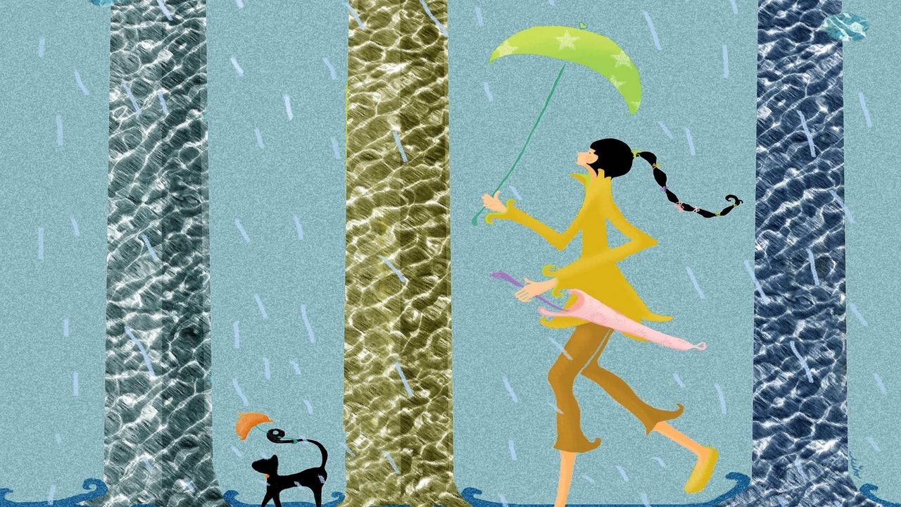 Wallpaper girl, walk, pet, rain, umbrella