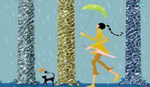 Preview wallpaper girl, walk, pet, rain, umbrella