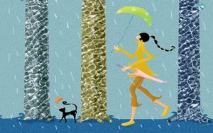 Preview wallpaper girl, walk, pet, rain, umbrella