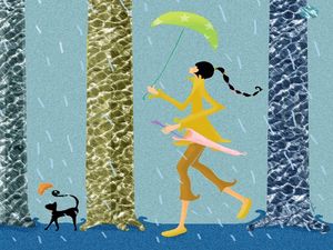 Preview wallpaper girl, walk, pet, rain, umbrella