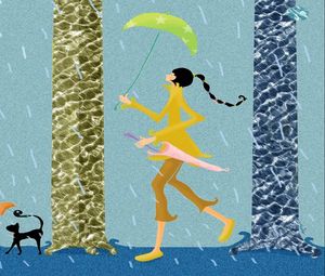 Preview wallpaper girl, walk, pet, rain, umbrella