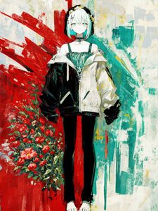 Preview wallpaper girl, wall, paint, flowers, anime