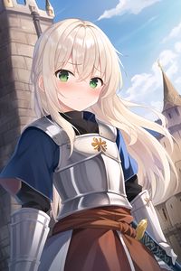 Preview wallpaper girl, warrior, armor, castle, anime