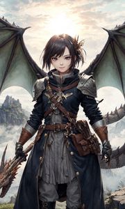 Preview wallpaper girl, warrior, dragon, art, anime