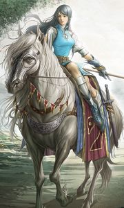 Preview wallpaper girl, warrior, horse, weapons, road, trees