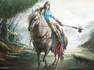Preview wallpaper girl, warrior, horse, weapons, road, trees