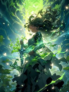 Preview wallpaper girl, warrior, sword, hair, green, anime