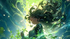 Preview wallpaper girl, warrior, sword, hair, green, anime
