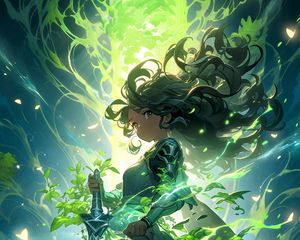 Preview wallpaper girl, warrior, sword, hair, green, anime
