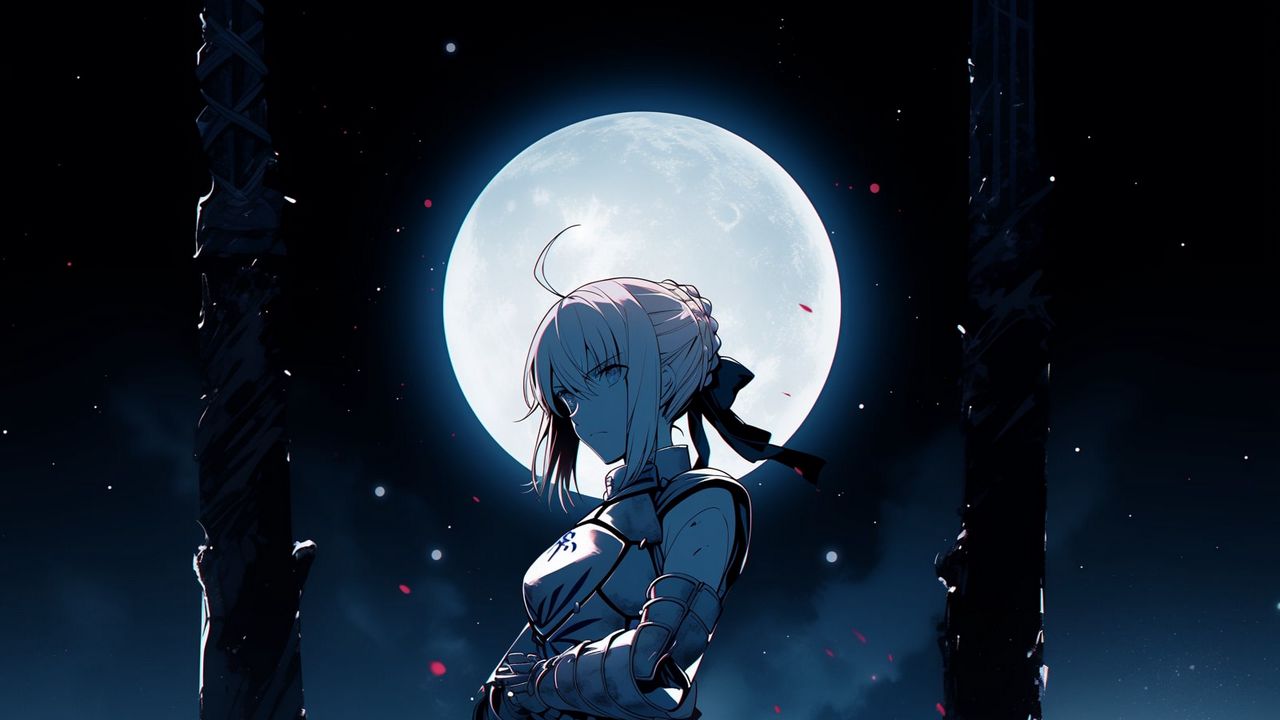 Wallpaper girl, warrior, sword, armor, moon, anime, art