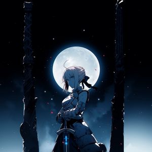 Preview wallpaper girl, warrior, sword, armor, moon, anime, art