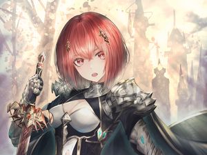 Preview wallpaper girl, warrior, sword, dress, armor, anime, art