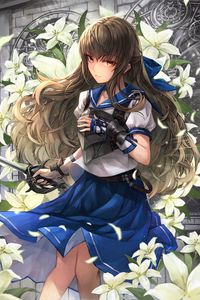 Preview wallpaper girl, warrior, sword, lilies, anime, art