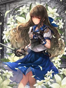 Preview wallpaper girl, warrior, sword, lilies, anime, art