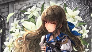 Preview wallpaper girl, warrior, sword, lilies, anime, art