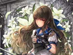 Preview wallpaper girl, warrior, sword, lilies, anime, art