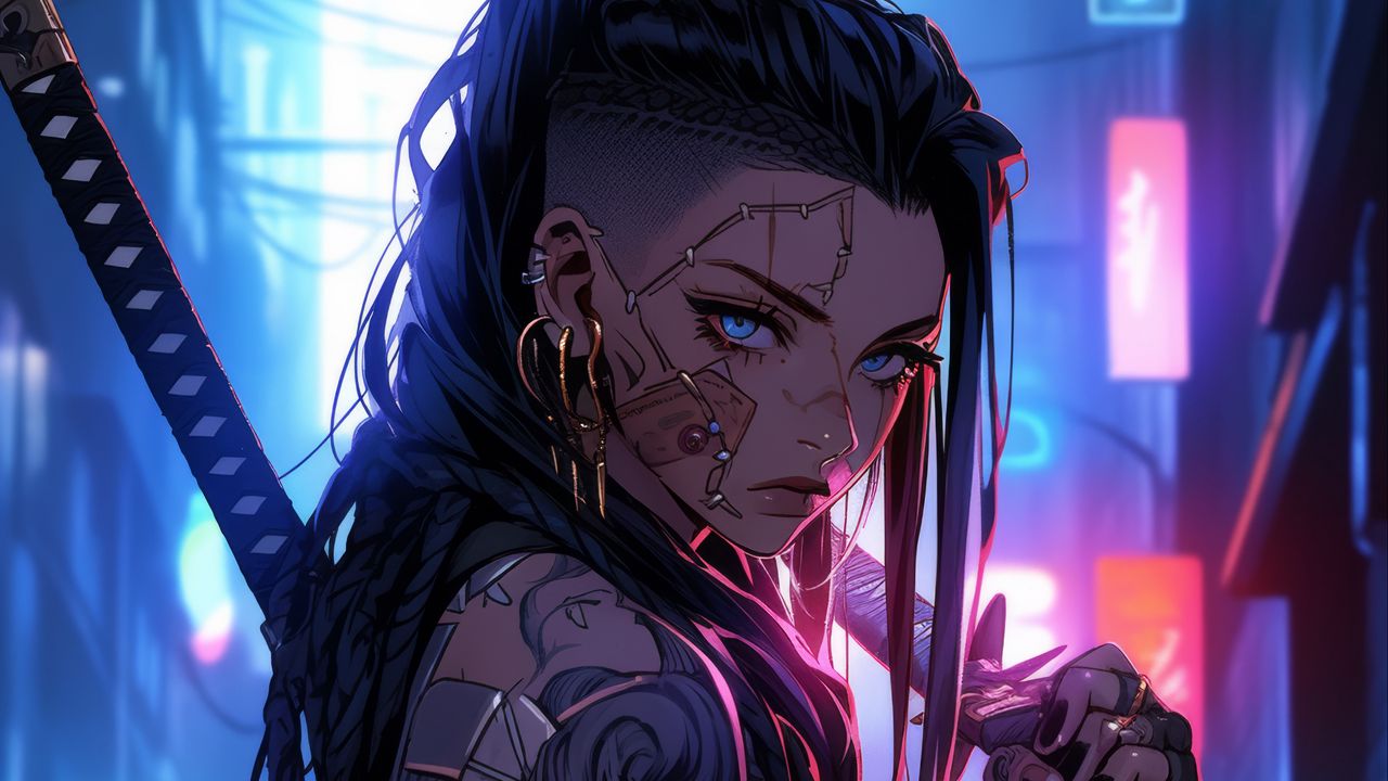 Wallpaper girl, warrior, tattoo, piercing, sword, anime, art