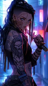 Preview wallpaper girl, warrior, tattoo, piercing, sword, anime, art