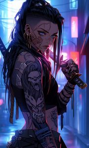 Preview wallpaper girl, warrior, tattoo, piercing, sword, anime, art