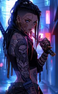 Preview wallpaper girl, warrior, tattoo, piercing, sword, anime, art