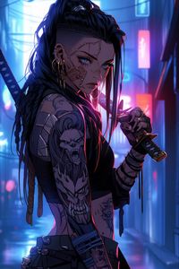 Preview wallpaper girl, warrior, tattoo, piercing, sword, anime, art