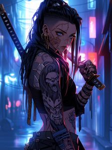 Preview wallpaper girl, warrior, tattoo, piercing, sword, anime, art