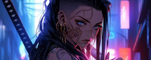 Preview wallpaper girl, warrior, tattoo, piercing, sword, anime, art