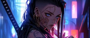 Preview wallpaper girl, warrior, tattoo, piercing, sword, anime, art