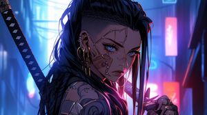 Preview wallpaper girl, warrior, tattoo, piercing, sword, anime, art