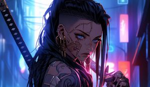 Preview wallpaper girl, warrior, tattoo, piercing, sword, anime, art