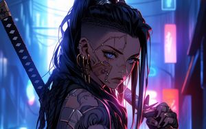 Preview wallpaper girl, warrior, tattoo, piercing, sword, anime, art