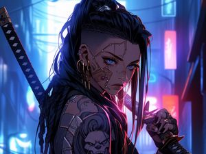 Preview wallpaper girl, warrior, tattoo, piercing, sword, anime, art