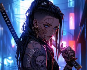 Preview wallpaper girl, warrior, tattoo, piercing, sword, anime, art