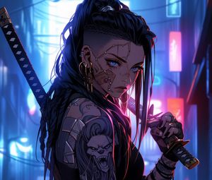 Preview wallpaper girl, warrior, tattoo, piercing, sword, anime, art