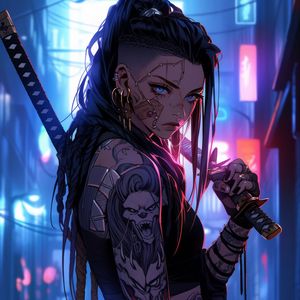 Preview wallpaper girl, warrior, tattoo, piercing, sword, anime, art