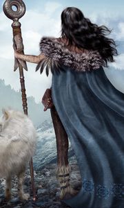 Preview wallpaper girl, warrior, wolf, mountains, ruins