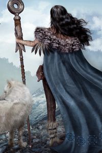 Preview wallpaper girl, warrior, wolf, mountains, ruins