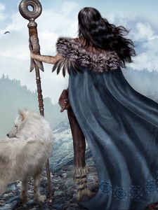 Preview wallpaper girl, warrior, wolf, mountains, ruins