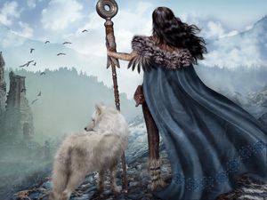 Preview wallpaper girl, warrior, wolf, mountains, ruins