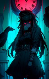 Preview wallpaper girl, watch, bird, dark, anime