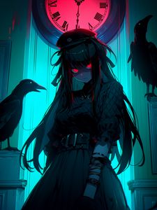 Preview wallpaper girl, watch, bird, dark, anime