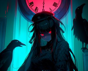 Preview wallpaper girl, watch, bird, dark, anime