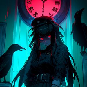 Preview wallpaper girl, watch, bird, dark, anime