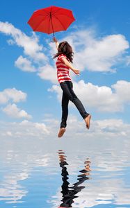 Preview wallpaper girl, water, flying, umbrella, mood