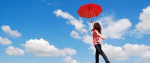 Preview wallpaper girl, water, flying, umbrella, mood