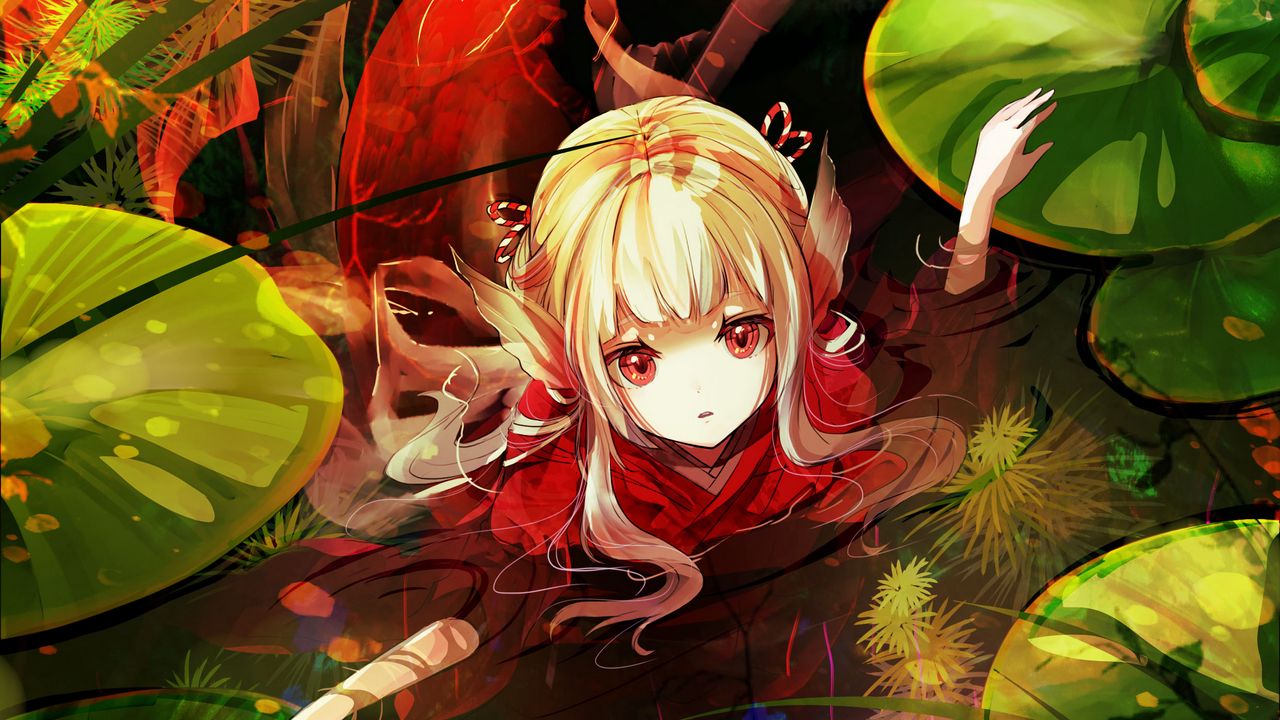 Wallpaper girl, water, leaves, fantasy, anime, art