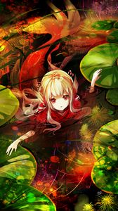 Preview wallpaper girl, water, leaves, fantasy, anime, art