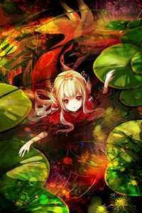 Preview wallpaper girl, water, leaves, fantasy, anime, art
